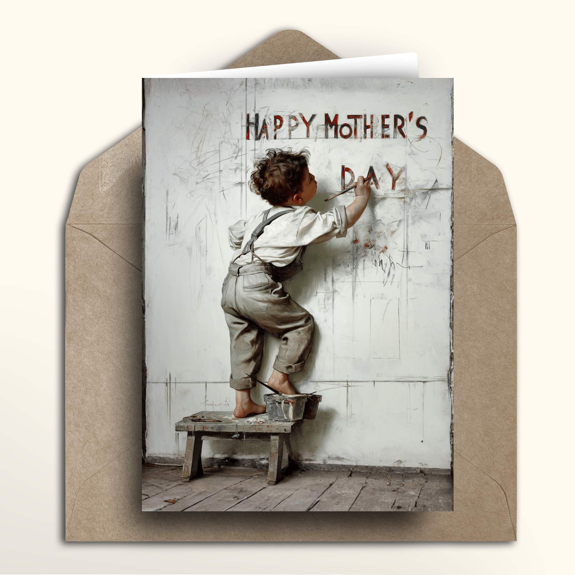 Mother's Day card with a child painting on a wall, inside a brown envelope.