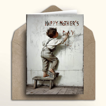 Mother's Day card with a child painting on a wall, inside a brown envelope.