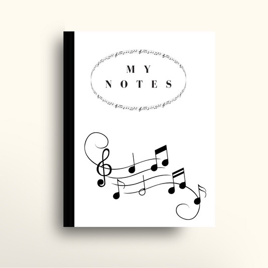 Notebook cover with musical notes and 'My Notes' text on a light background