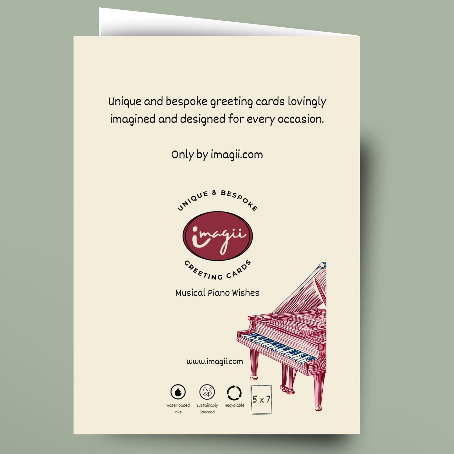 Musical piano theme birthday card with a speckled, matte finish in cream, light grey, and dark grey. Each piano features a simple, modern design.