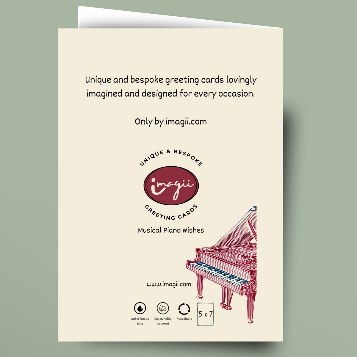 Musical piano theme birthday card with a speckled, matte finish in cream, light grey, and dark grey. Each piano features a simple, modern design.