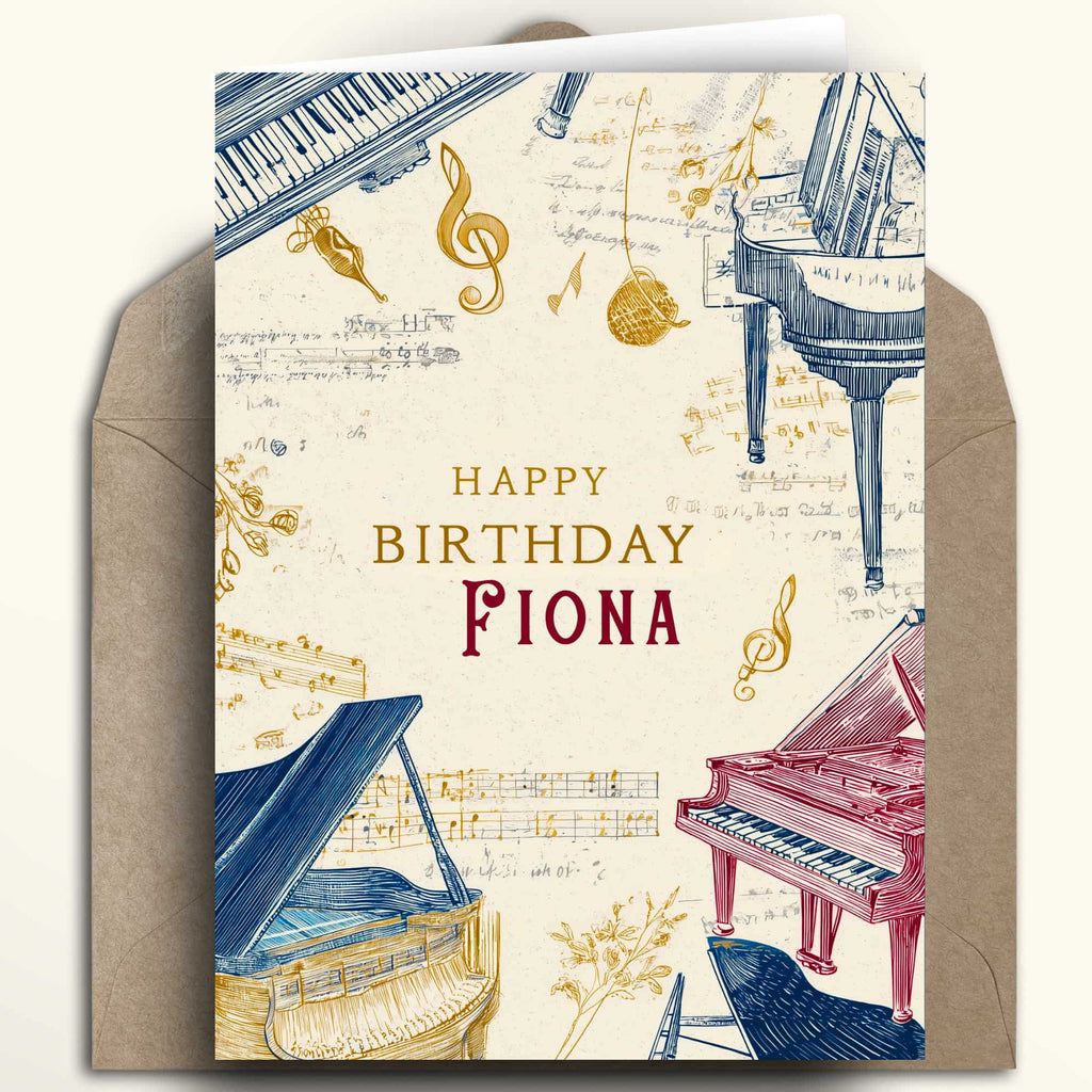Musical piano theme birthday card with a speckled, matte finish in cream, light grey, and dark grey. Each piano features a simple, modern design.