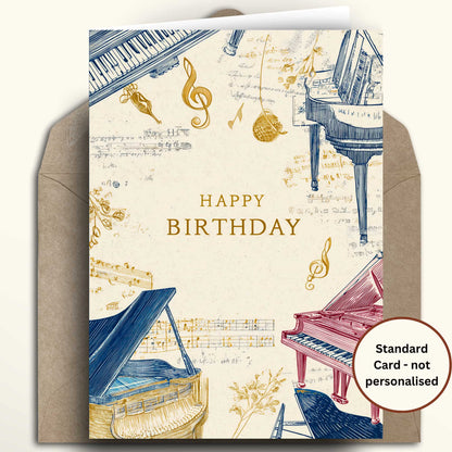 Musical piano theme birthday card with a speckled, matte finish in cream, light grey, and dark grey. Each piano features a simple, modern design.