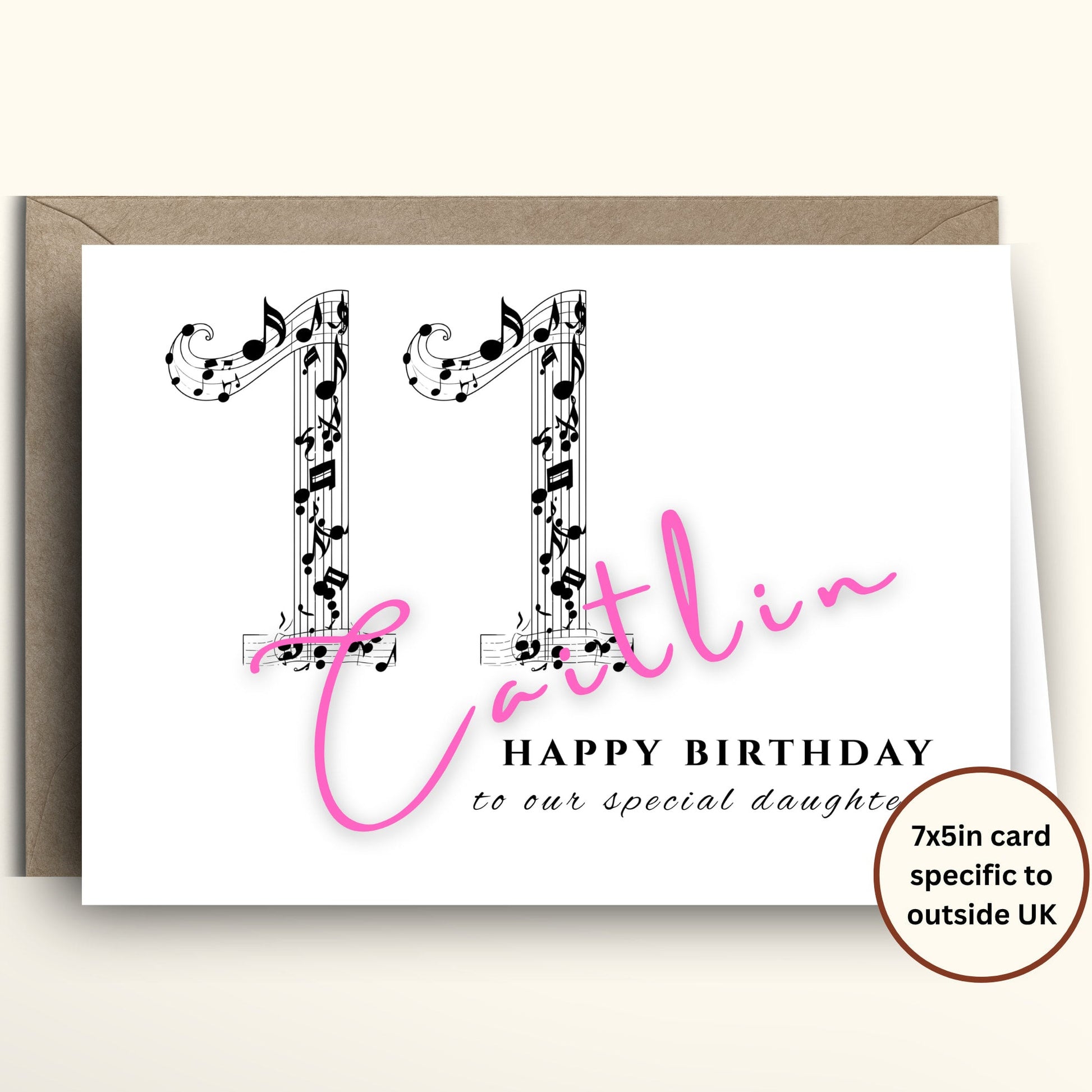 Birthday card with musical notes and personalized text on a white background