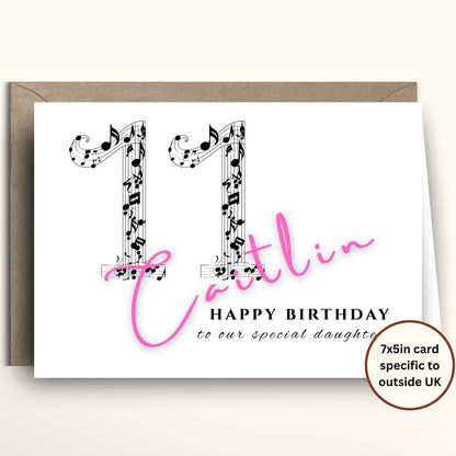 Birthday card with musical notes and personalized text on a white background