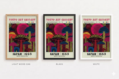 Three framed posters of Tokyo Art Gallery with neon dot design mushrooms on a white background.