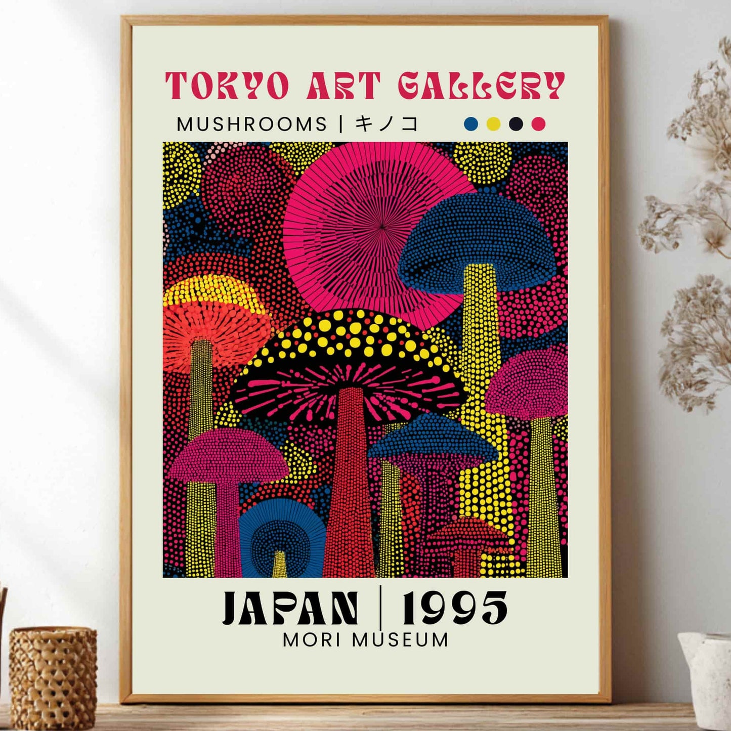 Framed poster of colorful mushrooms with 'TOKYO ART GALLERY' text, displayed on a shelf. neon dot wall art.
