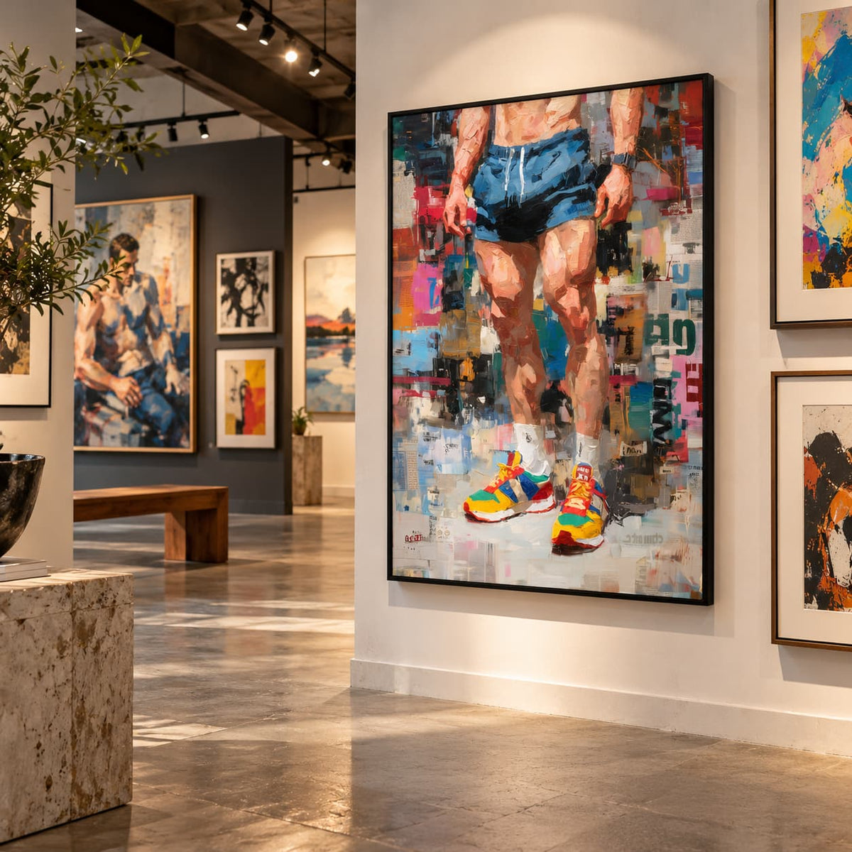 Newsprint framed print hanging on a white wall in a modern art gallery, showing a muscular man's legs in blue shorts and bright multicoloured trainers.