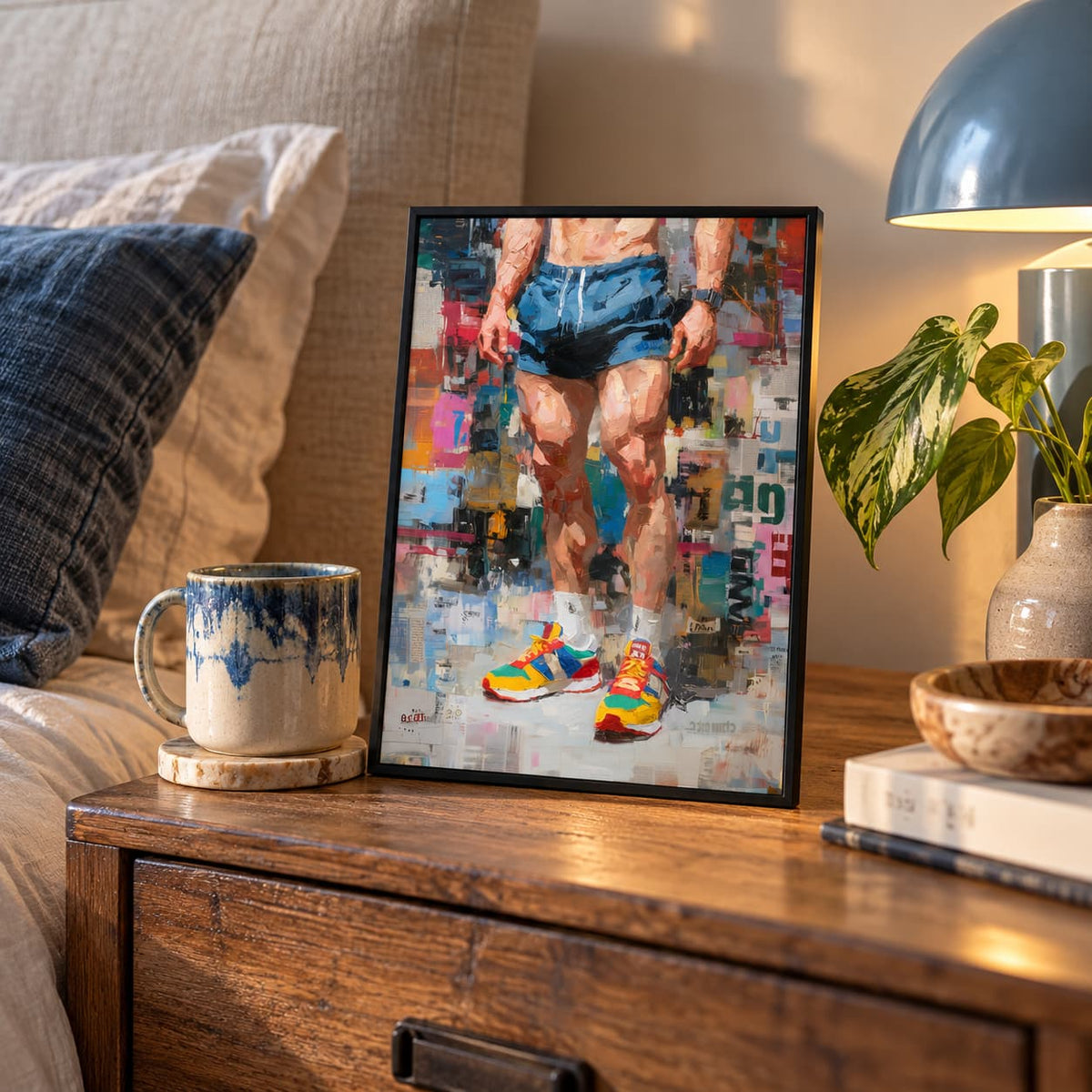Newsprint framed print on a wooden bedside table beside a lamp, a mug, a plant and books, showing a man's legs in blue shorts and colourful trainers.