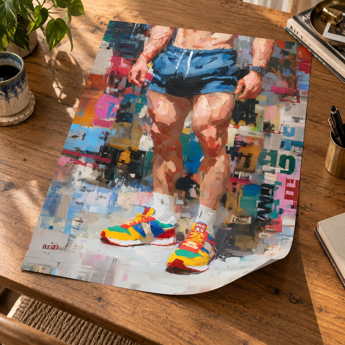 Unframed Newsprint poster with a raised corner lying on a wooden desk beside a plant, a coffee cup and a laptop, showing a man in blue shorts and bright trainers.