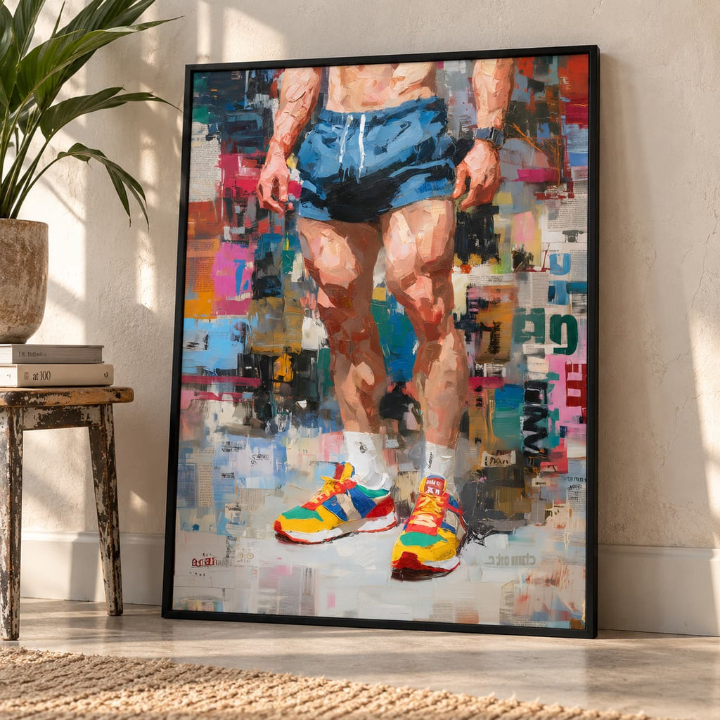 Newsprint framed print leaning against a sunlit white wall beside a wooden stool with books and a potted palm, showing an athlete in blue shorts and bright trainers.
