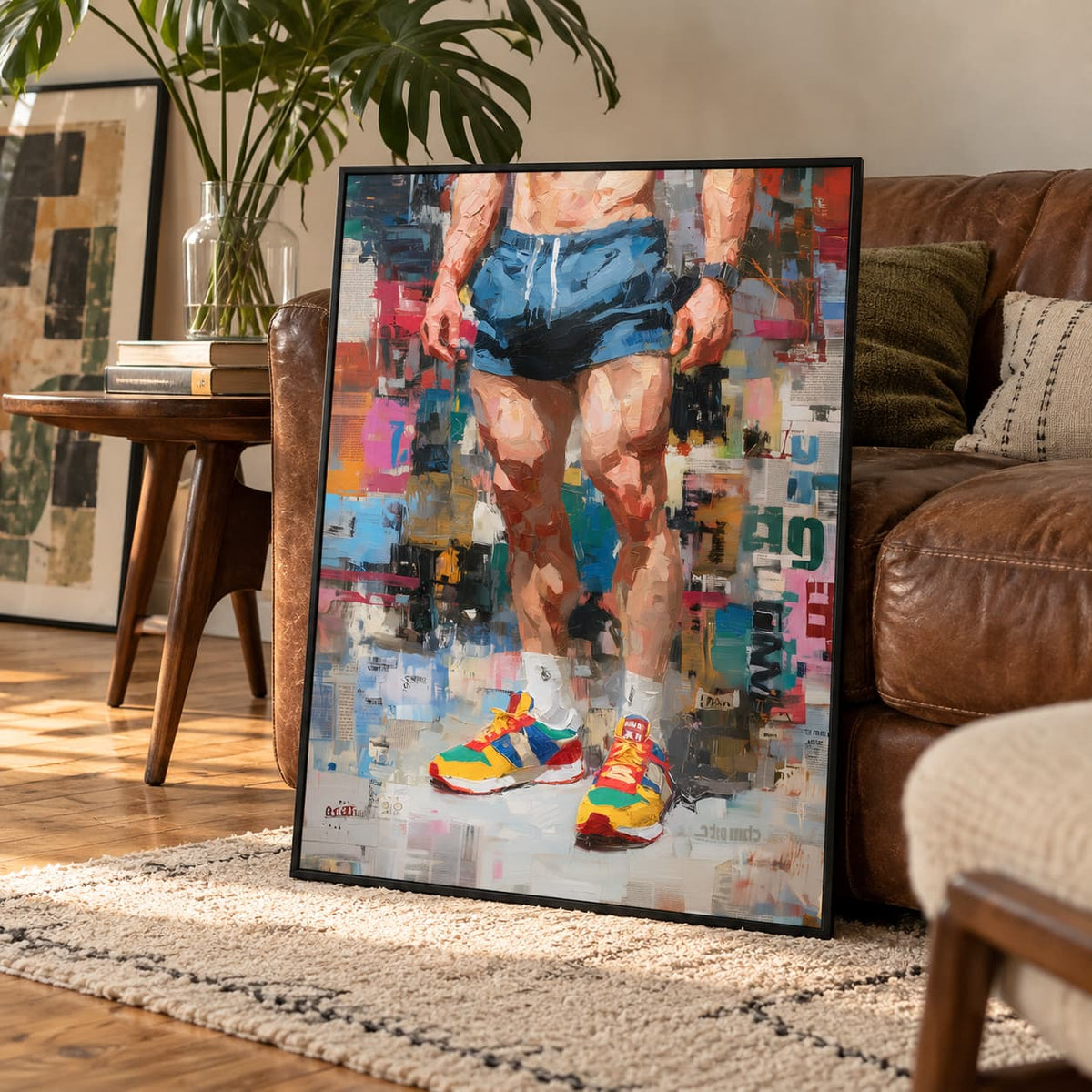 Newsprint framed print standing on a woven rug against a brown leather sofa in a living room, showing a man in blue shorts and bright multicoloured trainers.