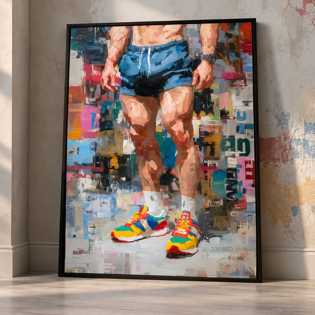 Black-framed Newsprint print leaning against a warm, weathered plaster wall on a light floor, showing an athlete's legs in blue shorts, white socks and colourful trainers.