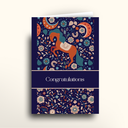 Greeting card with floral and horse design on a blue background, featuring the word 'Congratulations'.
