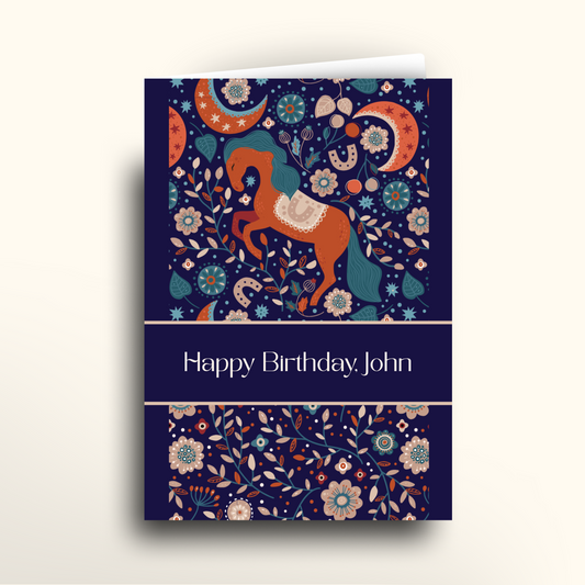 Birthday card with horse and floral design on a blue background