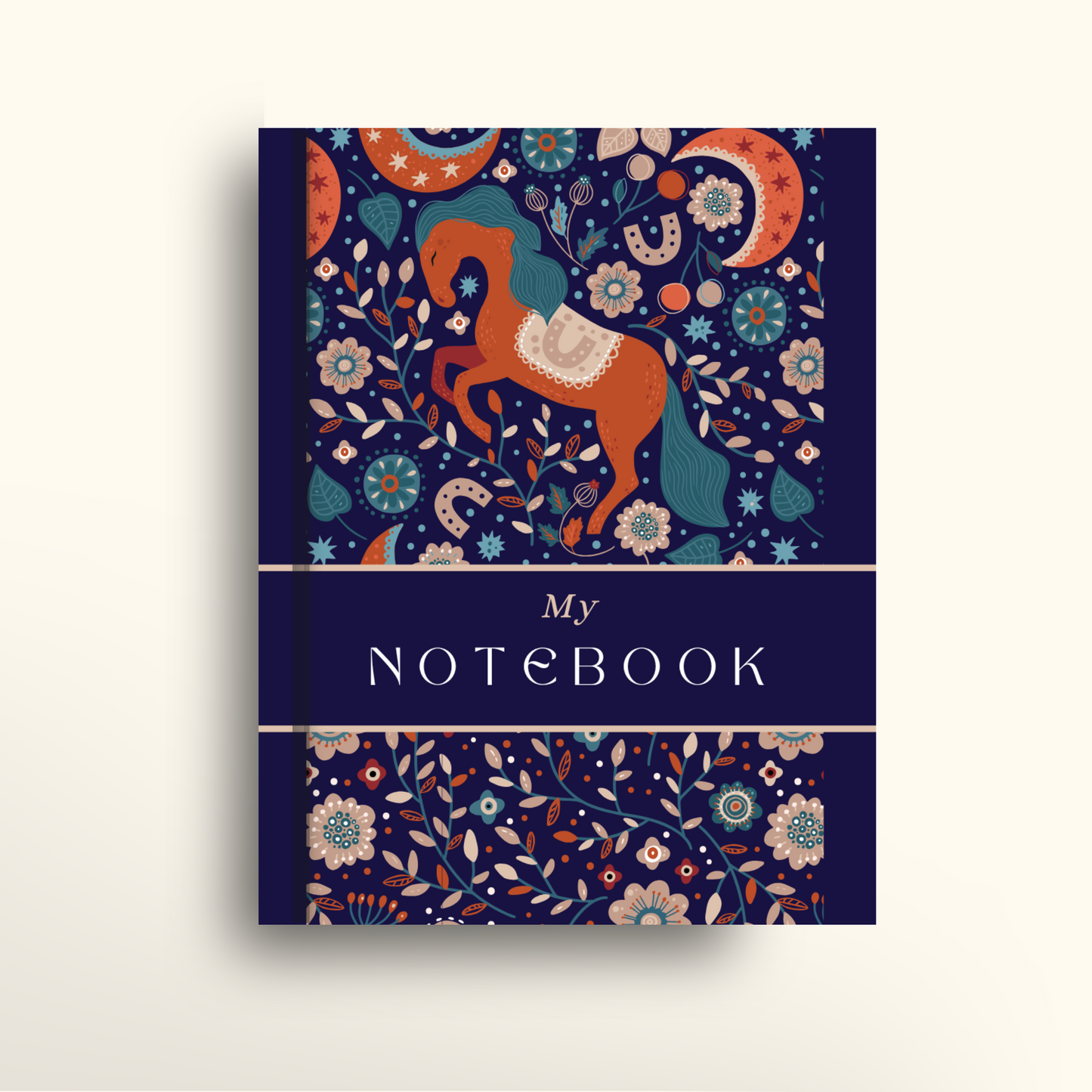 Notebook cover with horse illustration and floral patterns on a dark blue background