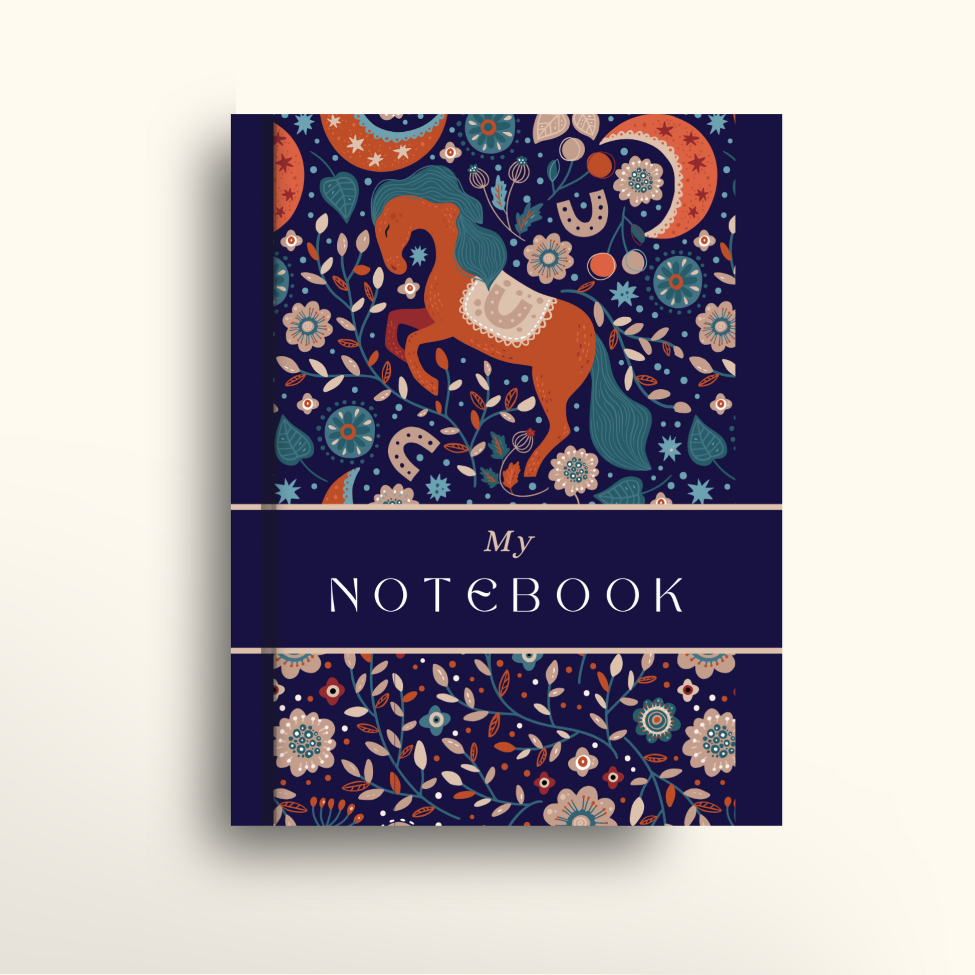 Notebook cover with horse illustration and floral patterns on a dark blue background