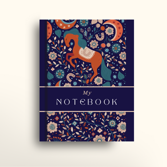 Notebook cover with horse illustration and floral patterns on a dark blue background