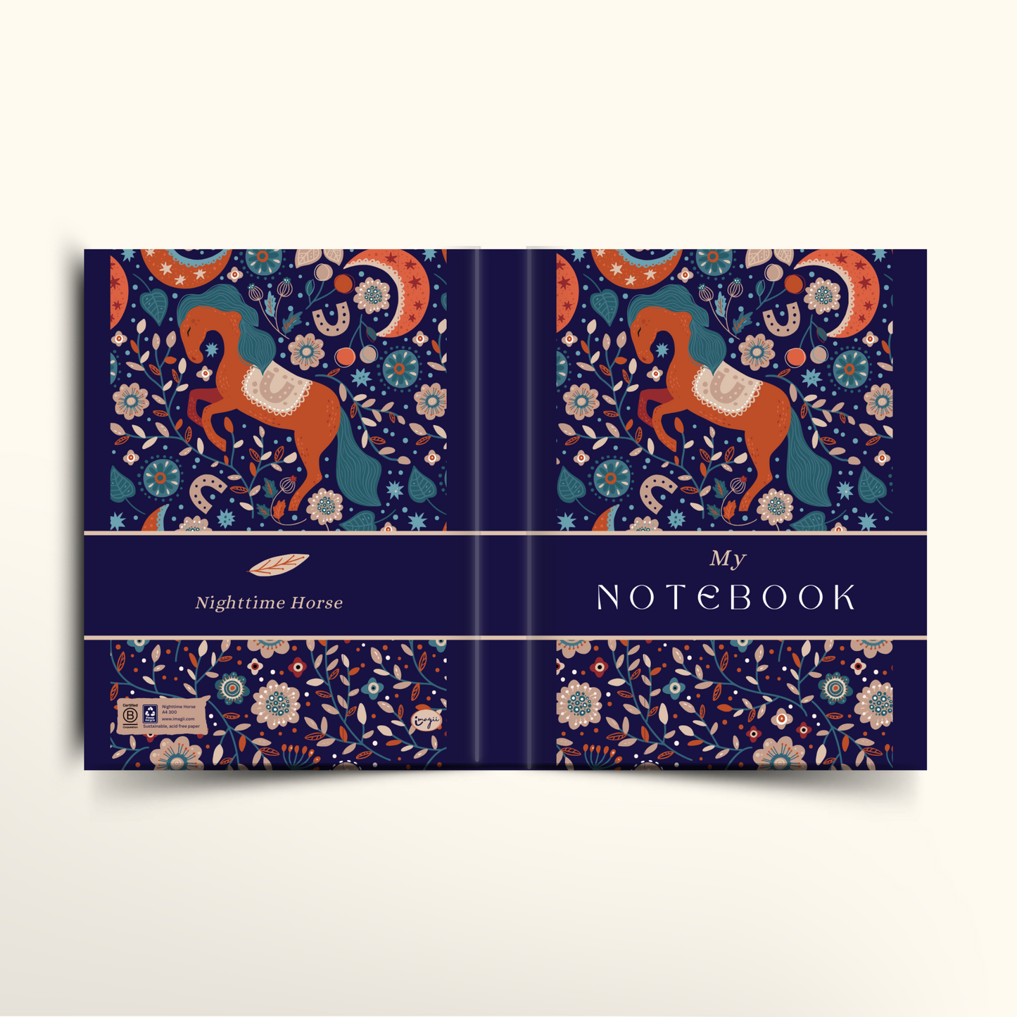 Notebook with horse and floral design on a blue background
