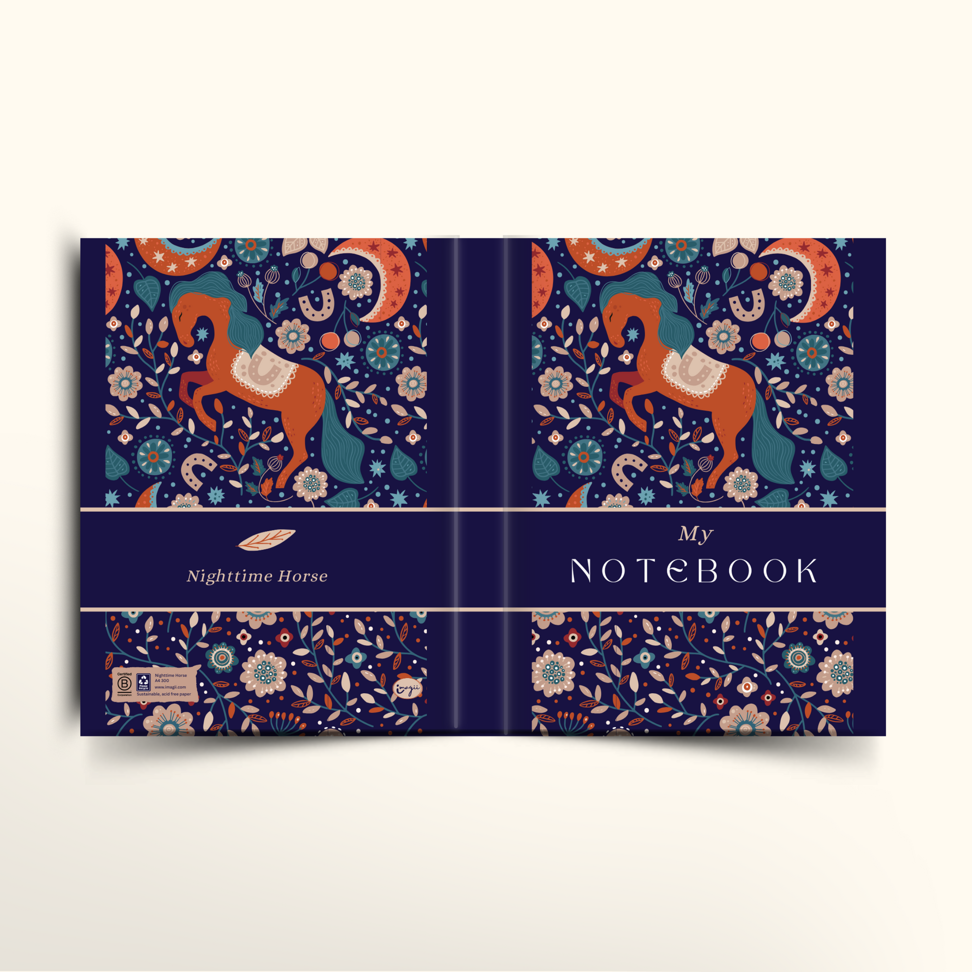 Notebook with horse and floral design on a blue background