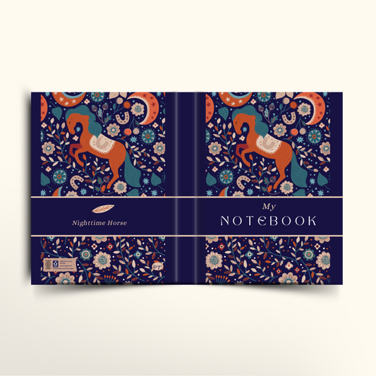 Notebook with horse and floral design on a blue background