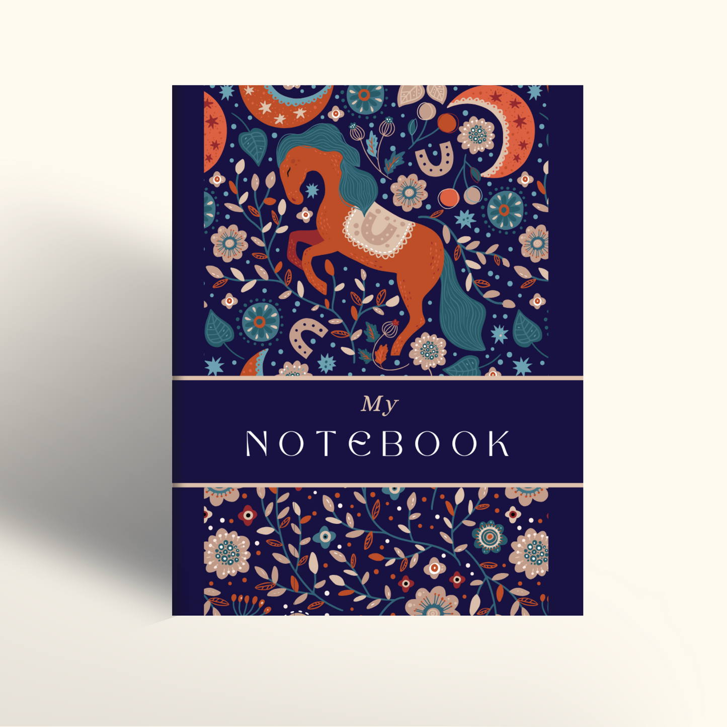 Notebook cover with horse and floral design on a blue background