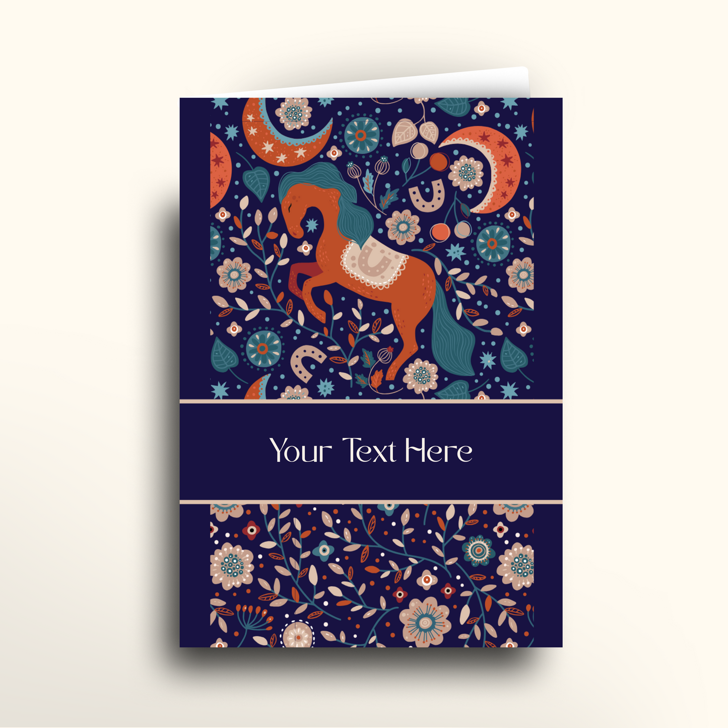 Greeting card with a horse and floral design on a dark blue background