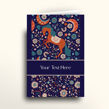 Greeting card with a horse and floral design on a dark blue background