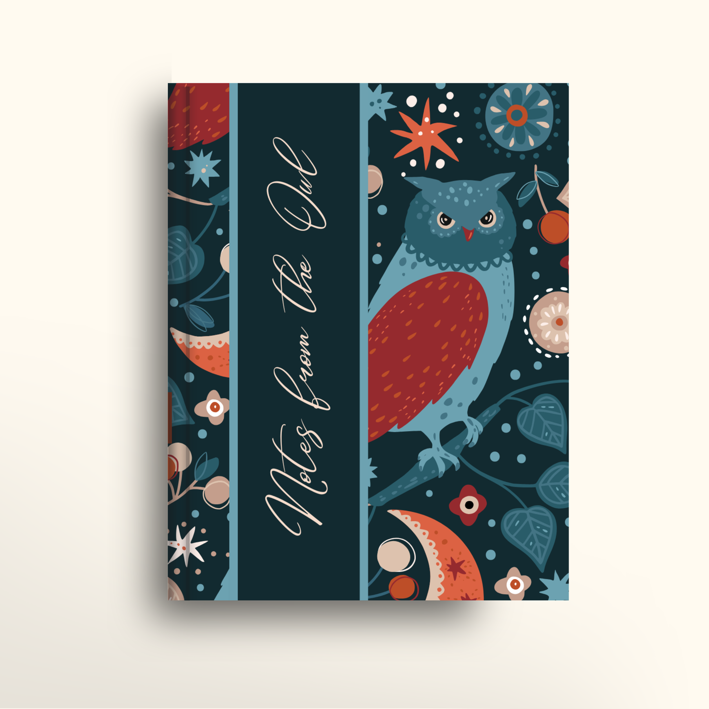 Notebook with owl design and text on a white background