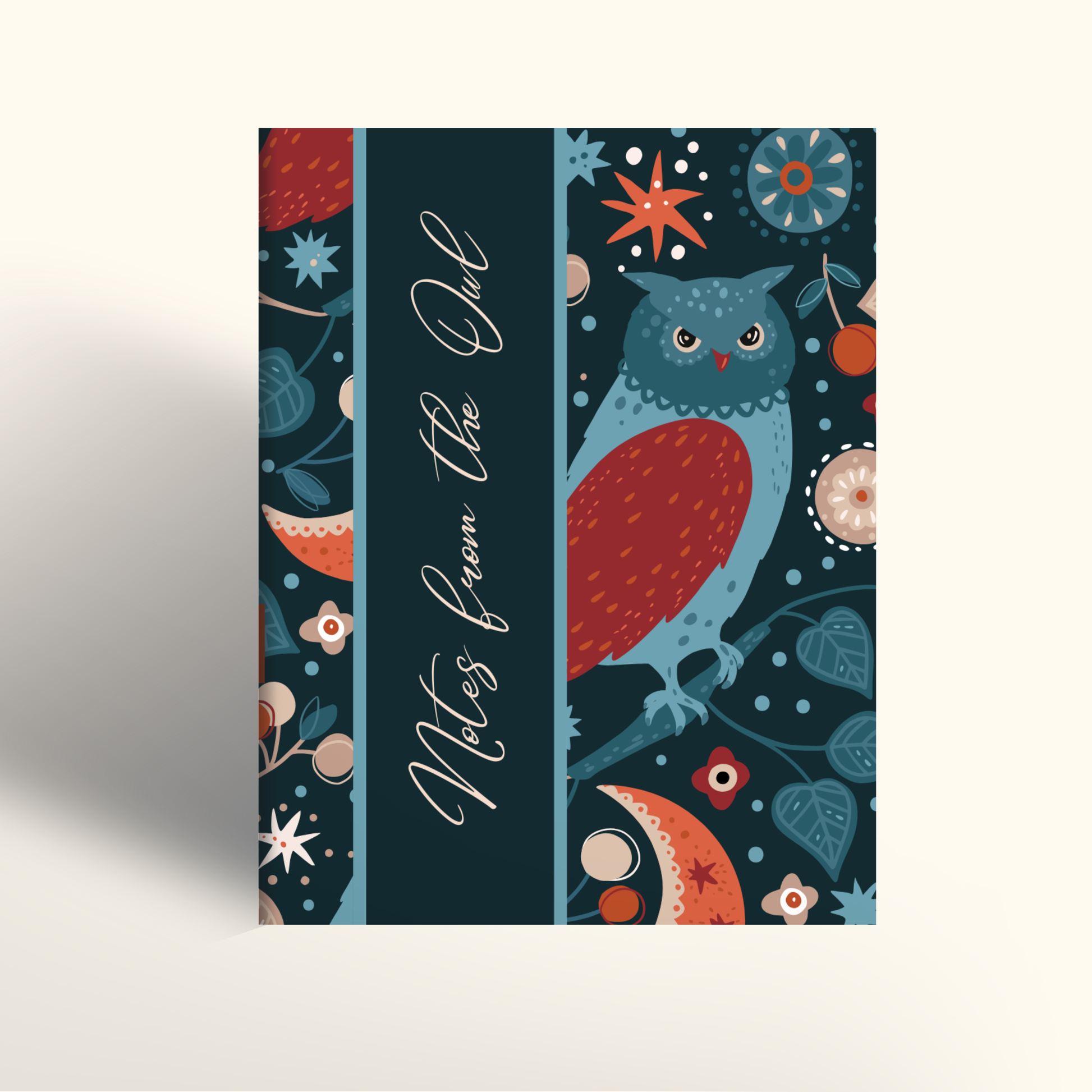 Notebook cover with owl design and text 'Notes from the Owl' on a dark blue background