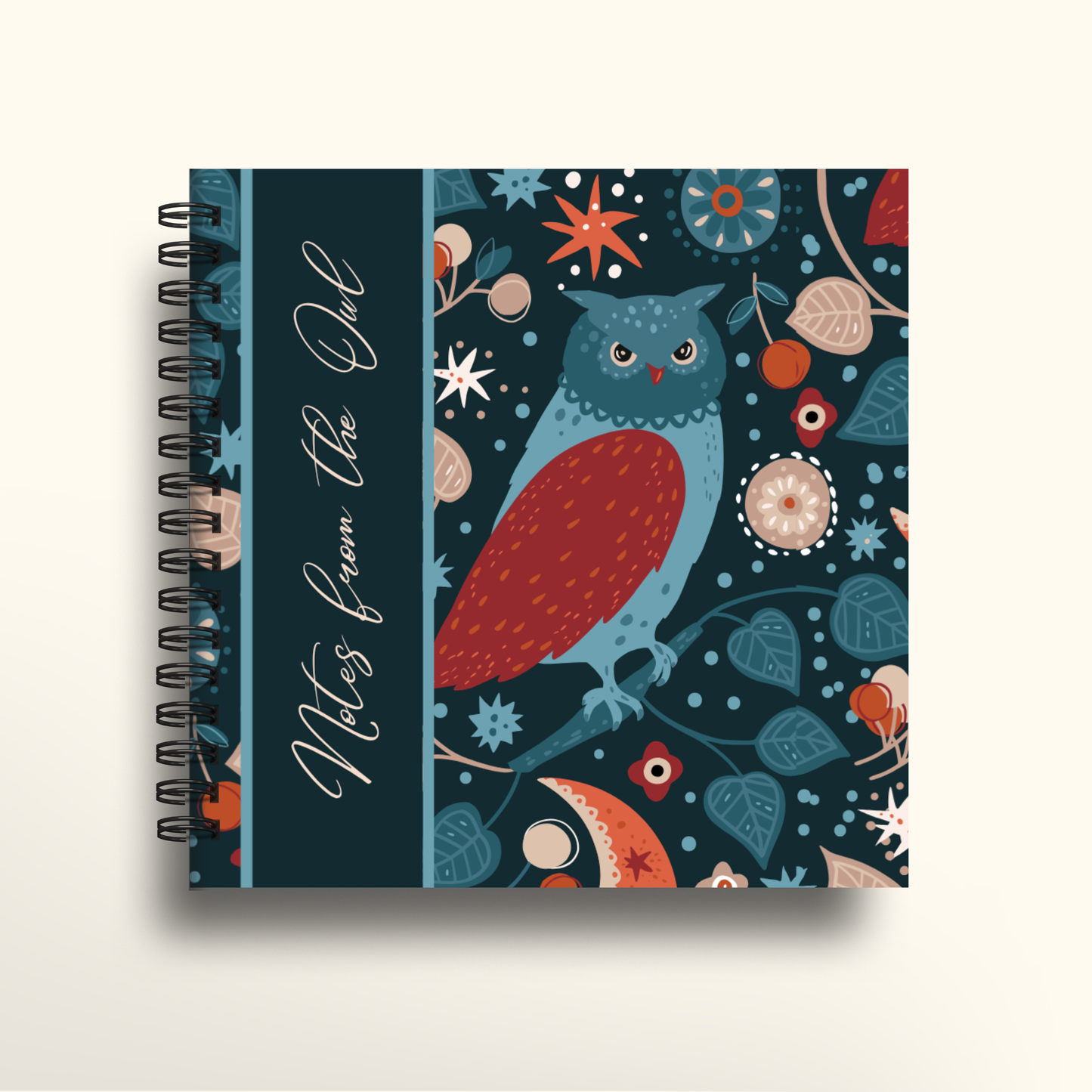 Notebook with owl design and text on a white background
