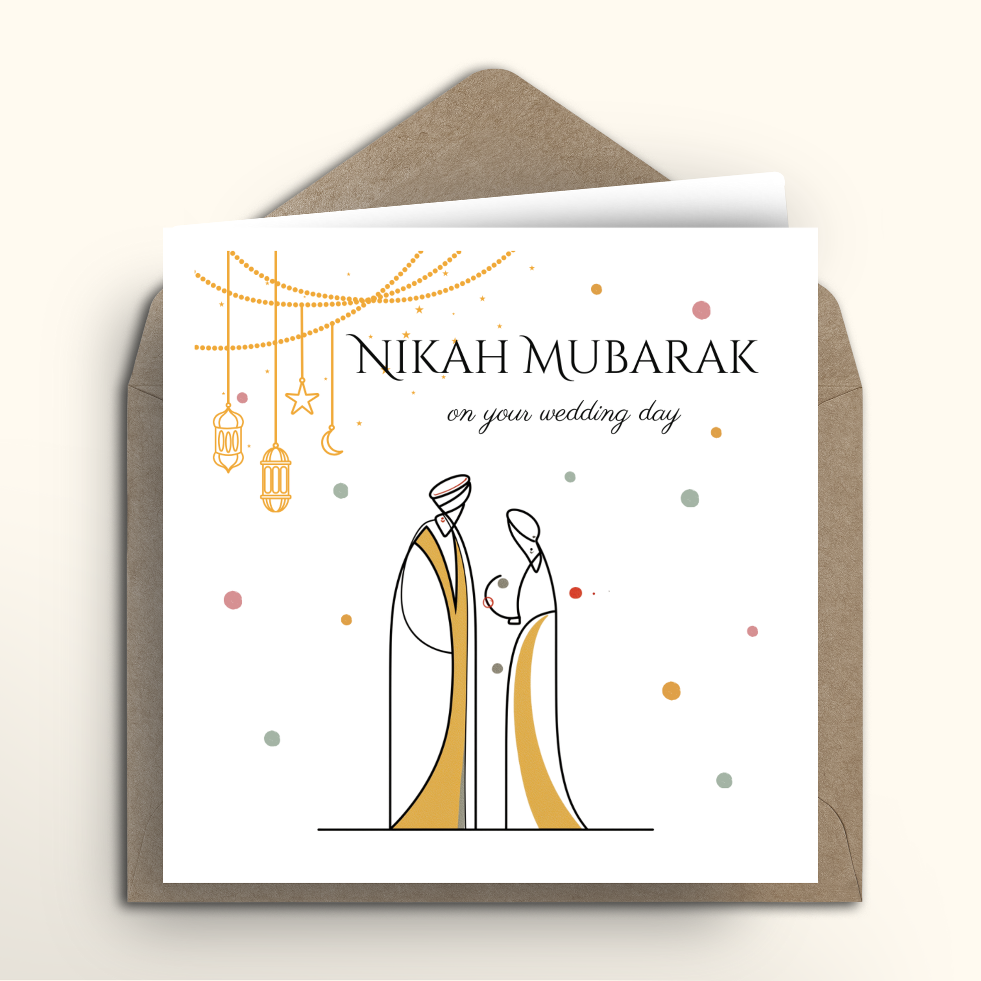 Wedding card with 'Nikah Mubarak' text and couple illustration on a white background with brown envelope.