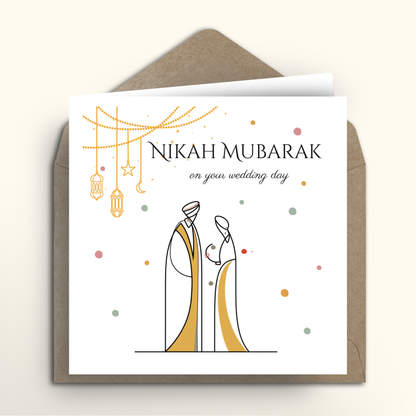 Wedding card with 'Nikah Mubarak' text and couple illustration on a white background with brown envelope.