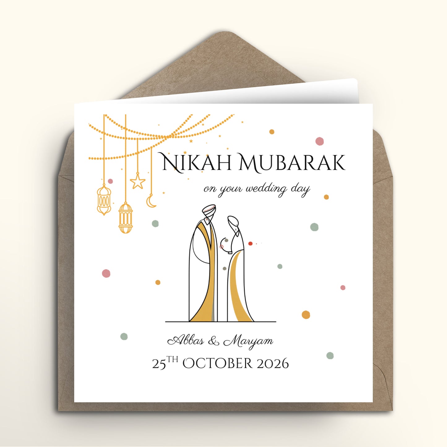 Wedding card with 'Nikah Mubarak' text and couple illustration on a white background with brown envelope.