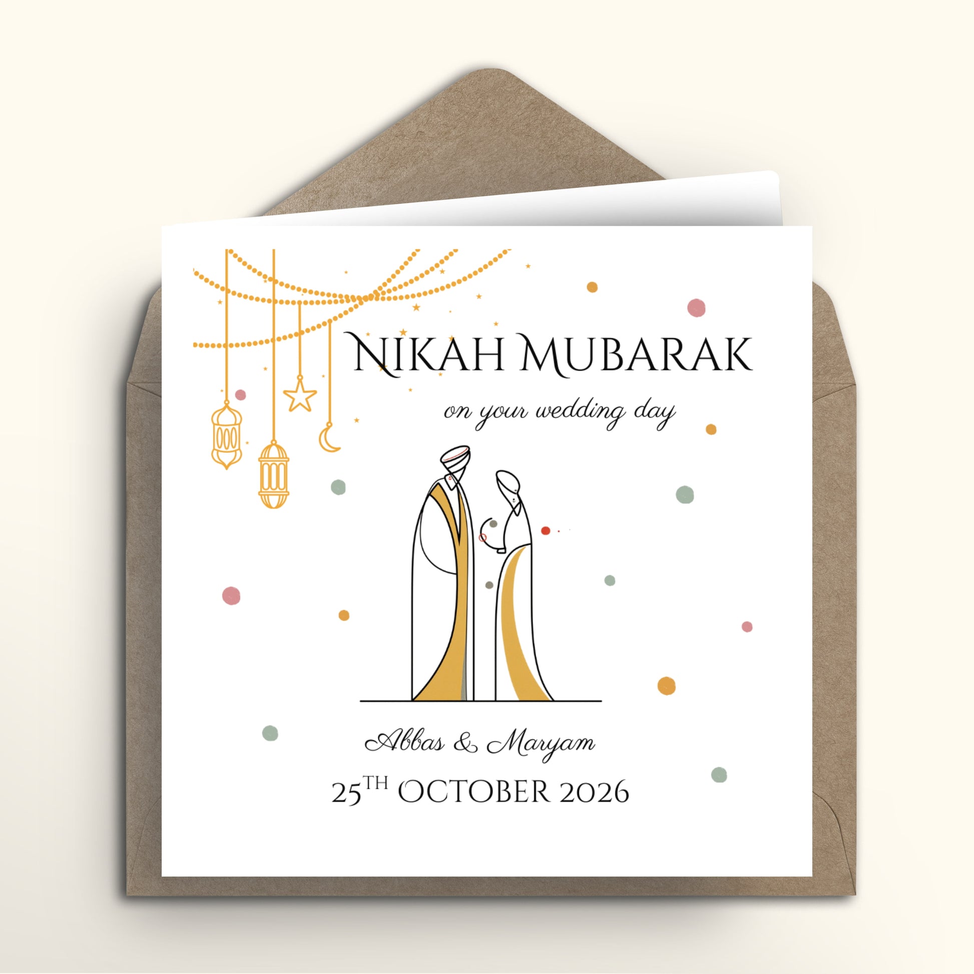 Wedding card with 'Nikah Mubarak' text and couple illustration on a white background with brown envelope.