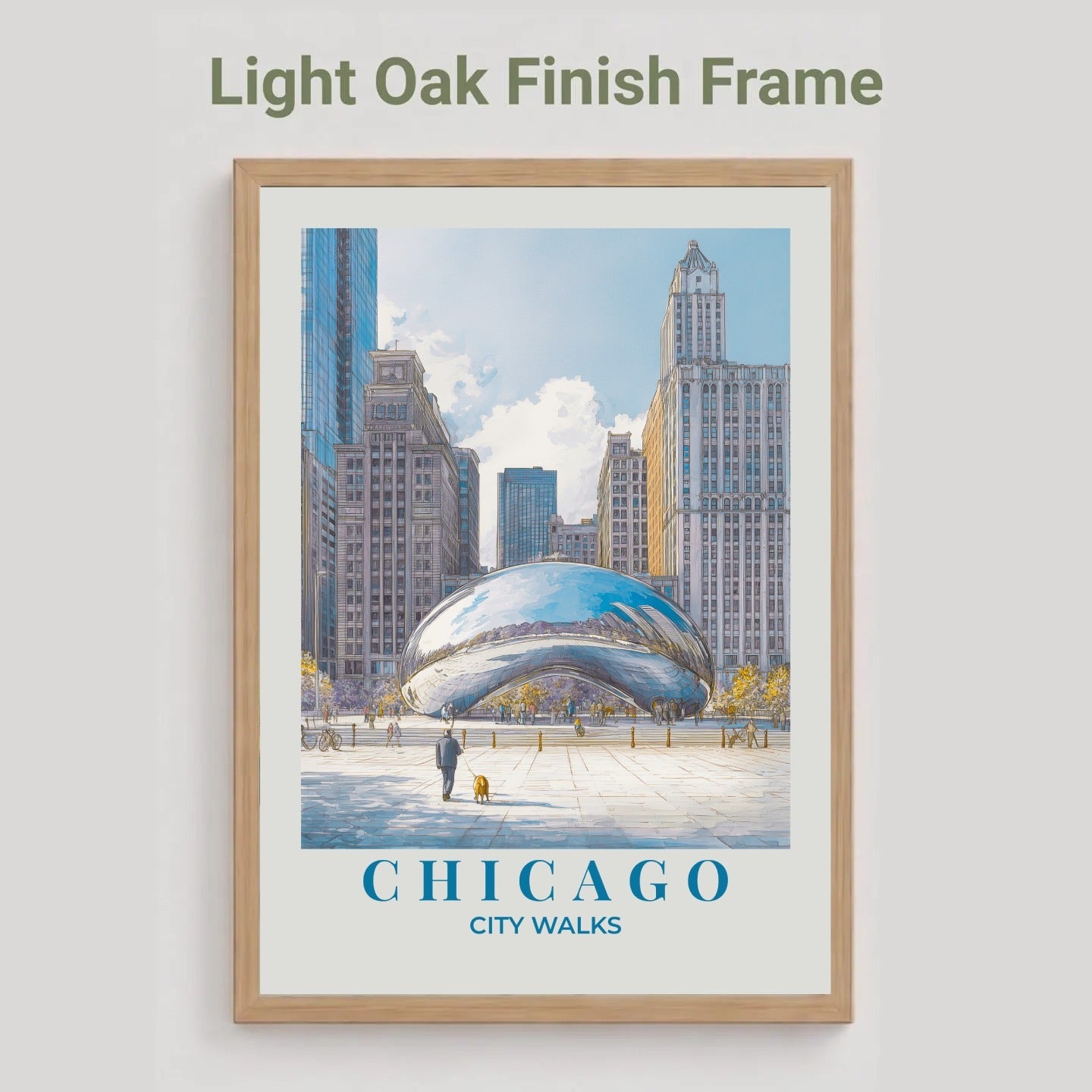 Framed poster of Chicago with a light oak finish frame on a white wall.