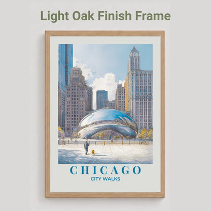 Framed poster of Chicago with a light oak finish frame on a white wall.