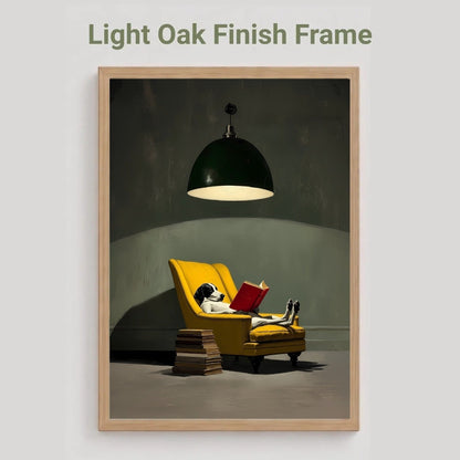 A framed art print featuring a surreal scene of a dog reading a red book in a yellow armchair under a hanging lamp, displayed on a light gray background with the text 'Light Oak Finish Frame' above it.