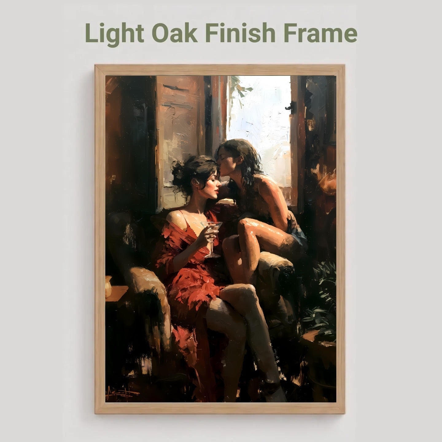 A framed art print featuring a classical painting of two women in a dimly lit interior, displayed on a light gray background with the text 'Light Oak Finish Frame' above it.