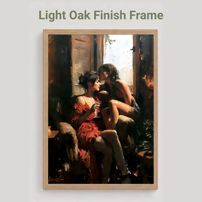 A framed art print featuring a classical painting of two women in a dimly lit interior, displayed on a light gray background with the text 'Light Oak Finish Frame' above it.