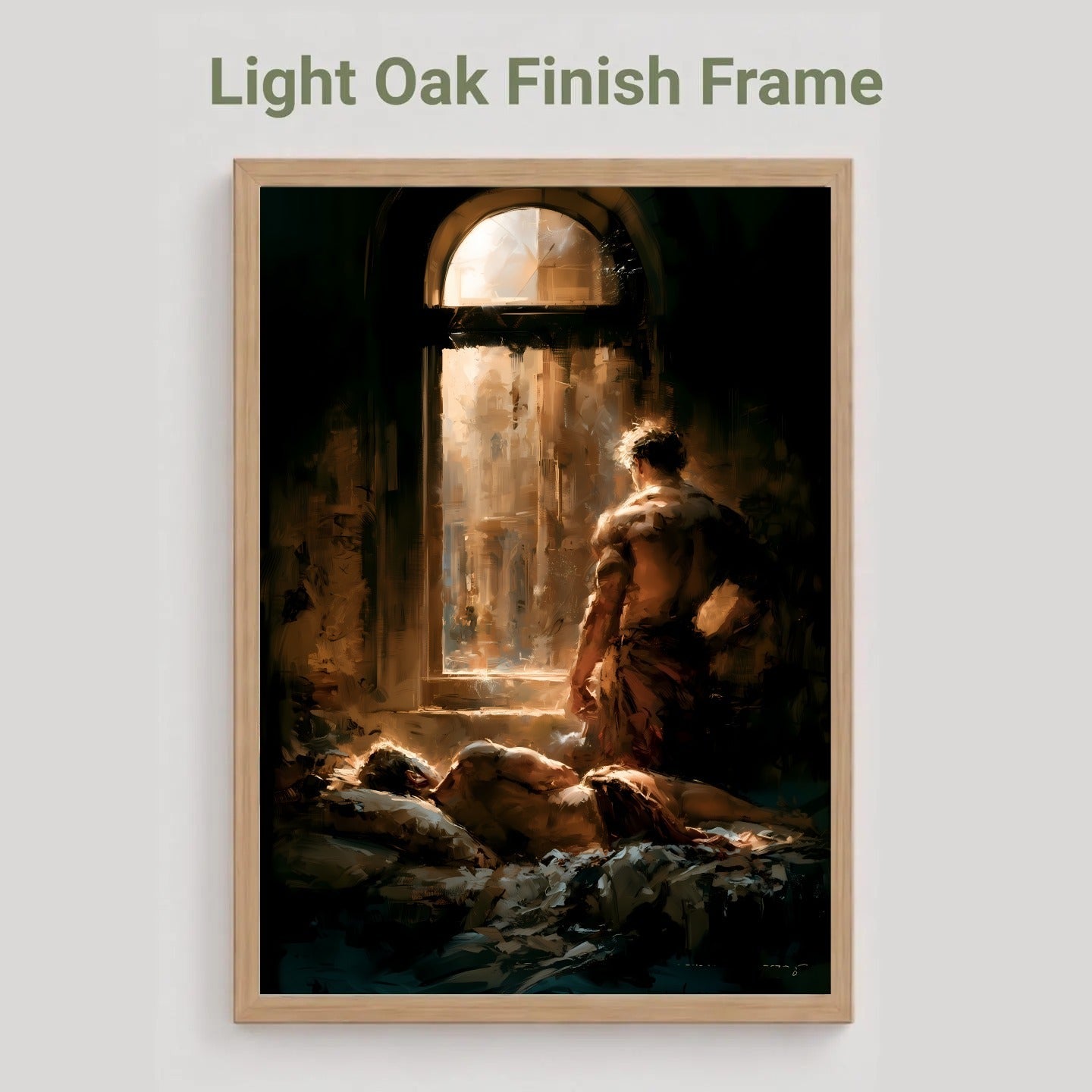 A framed art print featuring a classical painting of a figure looking out of a dark room toward a bright window, with another figure lying on the floor. The frame is light oak wood, and the text 'Light Oak Finish Frame' appears above on a light gray background.