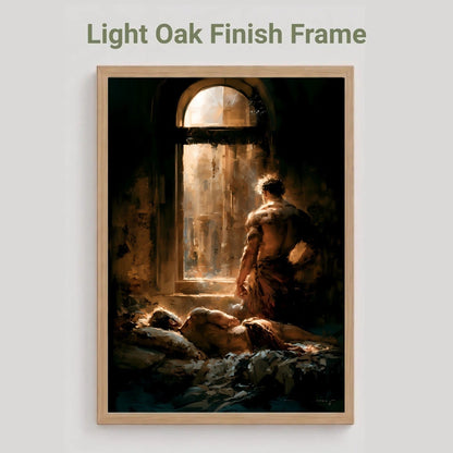 A framed art print featuring a classical painting of a figure looking out of a dark room toward a bright window, with another figure lying on the floor. The frame is light oak wood, and the text 'Light Oak Finish Frame' appears above on a light gray background.