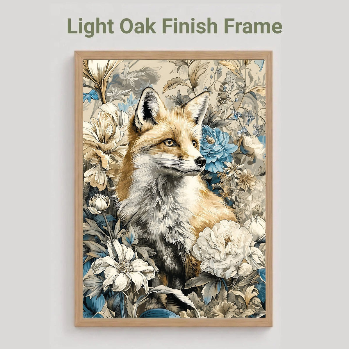A framed art print featuring a detailed illustration of a fox surrounded by white and blue flowers, displayed on a light gray background with the text 'Light Oak Finish Frame' above it.