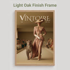 A framed art print featuring a vintage fashion magazine cover titled 'VINTOIRE 1931 vol. 82' with a woman walking with a leopard, shown in a light oak finish frame against a light gray background with the text 'Light Oak Finish Frame' above it.