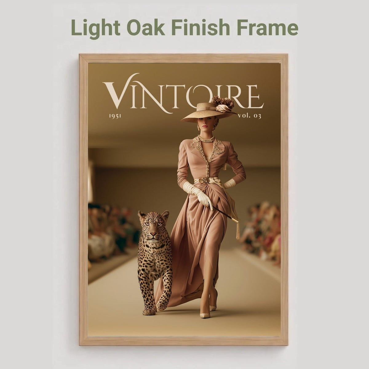 A framed art print featuring a vintage fashion magazine cover titled 'VINTOIRE 1931 vol. 82' with a woman walking with a leopard, shown in a light oak finish frame against a light gray background with the text 'Light Oak Finish Frame' above it.