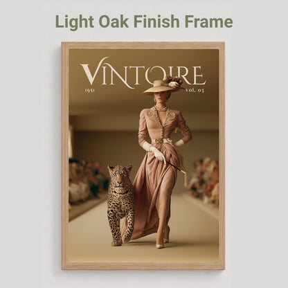 A framed art print featuring a vintage fashion magazine cover titled 'VINTOIRE 1931 vol. 82' with a woman walking with a leopard, shown in a light oak finish frame against a light gray background with the text 'Light Oak Finish Frame' above it.