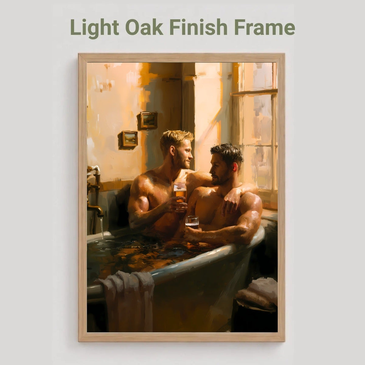 A framed art print featuring a warm-toned painting of two men sitting in a bathtub, displayed on a light gray background with the text 'Light Oak Finish Frame' above it.