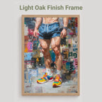 Newsprint print in a light oak frame finish, labelled Light Oak Finish Frame, showing an athlete in blue running shorts and bright trainers against a newspaper collage background.