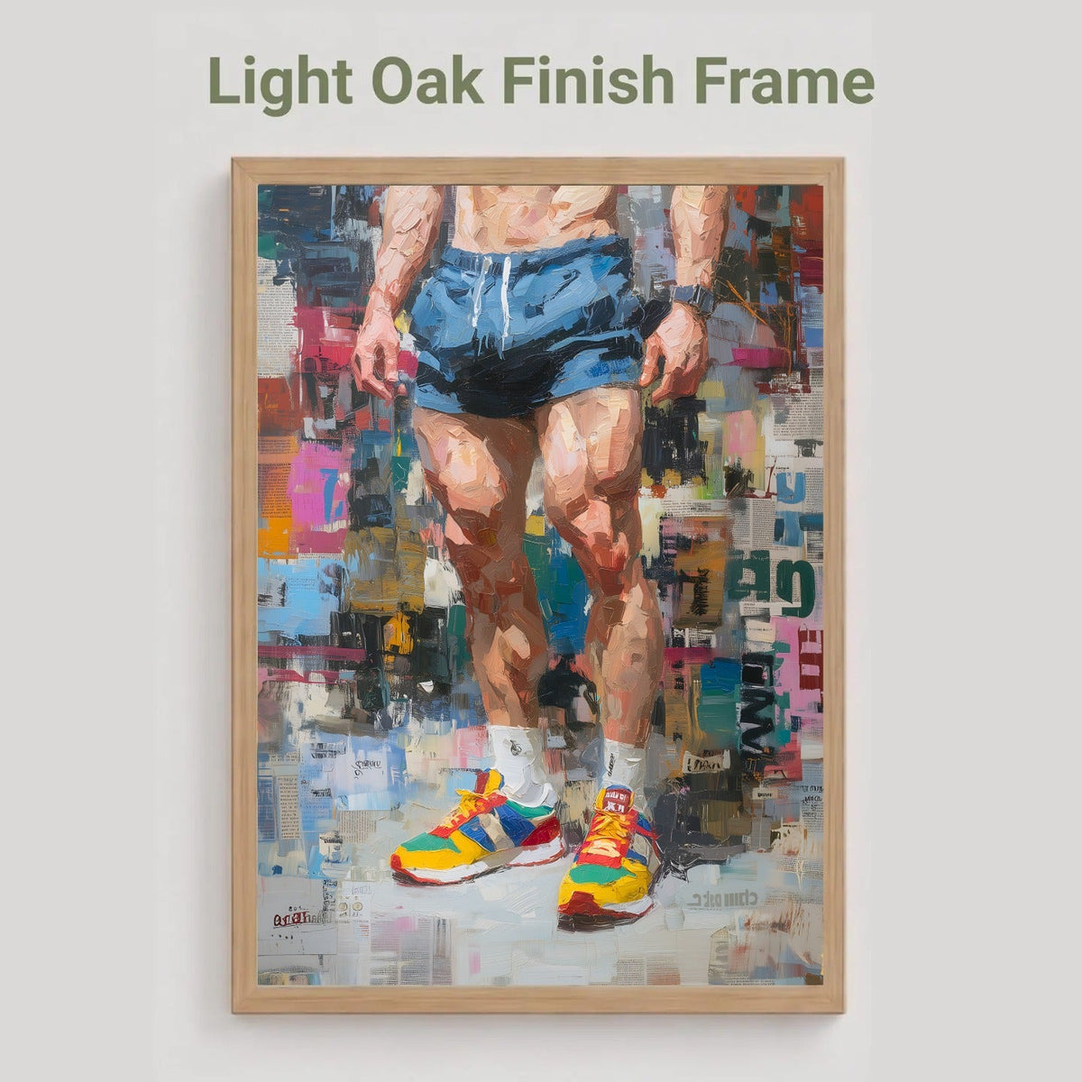 Newsprint print in a light oak frame finish, labelled Light Oak Finish Frame, showing an athlete in blue running shorts and bright trainers against a newspaper collage background.