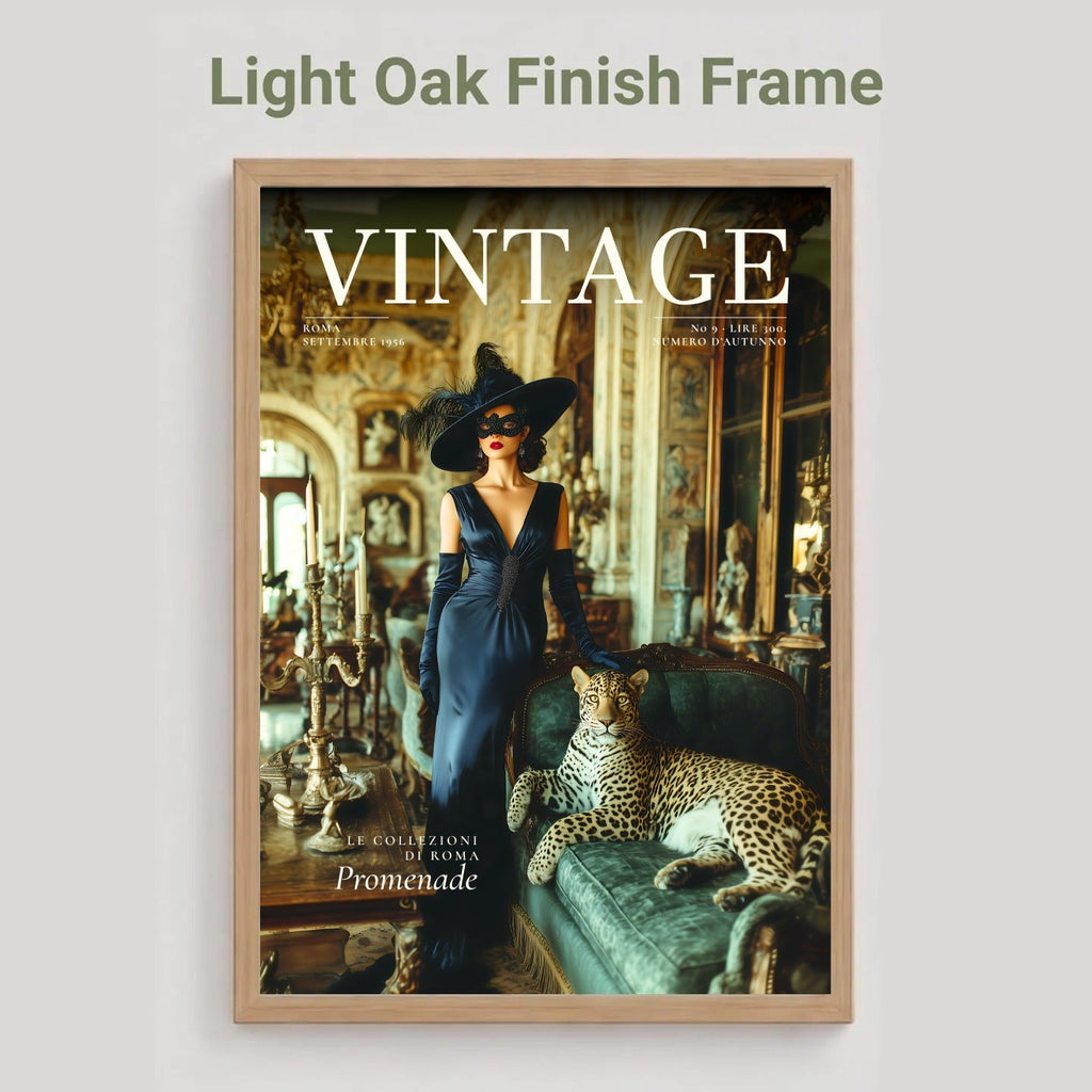 A framed vintage magazine cover titled VINTAGE, shown in a light oak finish frame against a light gray background. The cover features a woman in a dark blue dress and hat standing beside a leopard in an ornate room.